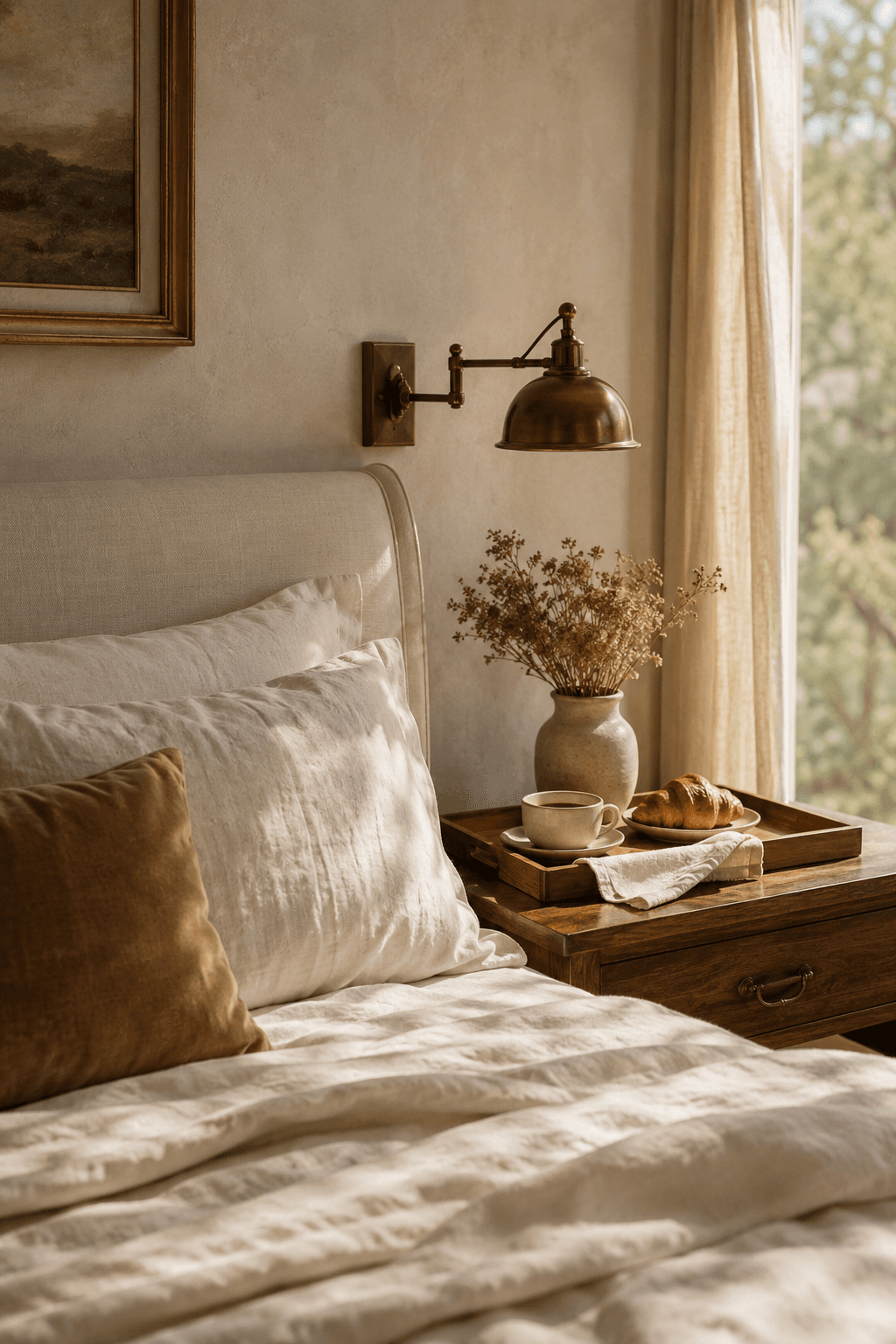 A calm, light-filled room dressed in cream linen with a breakfast tray.