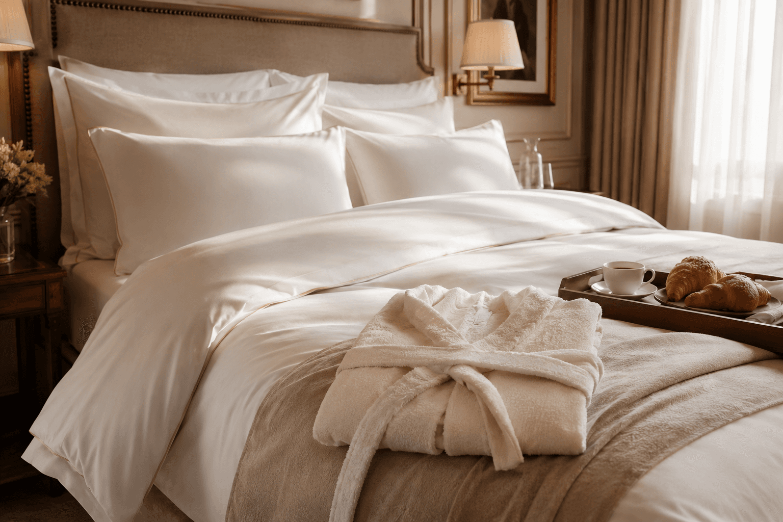 A five-star bed dressed in cream linen, morning light, a folded robe and a breakfast tray.