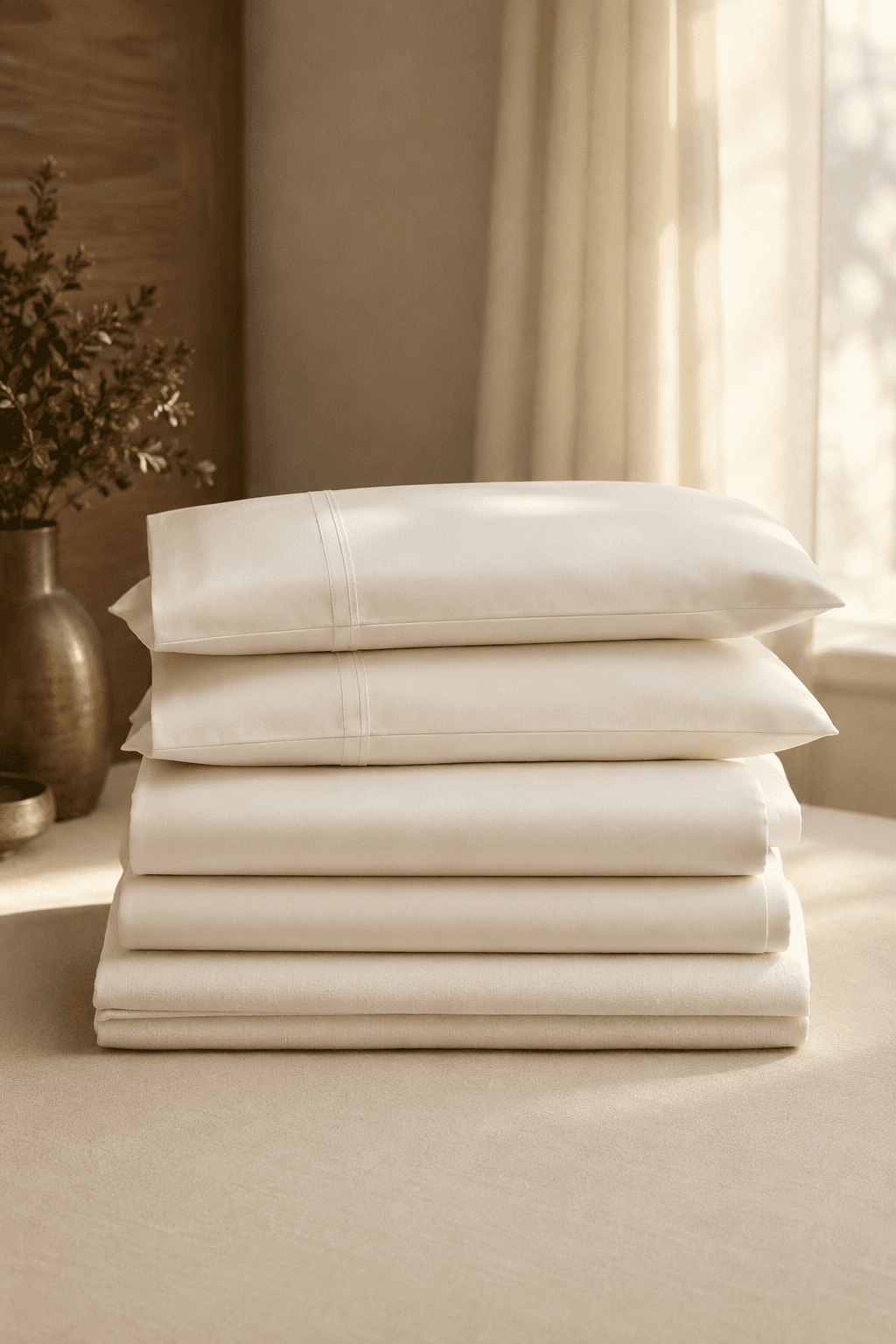 Folded 1000-thread cotton sheet set in cream on a made bed.