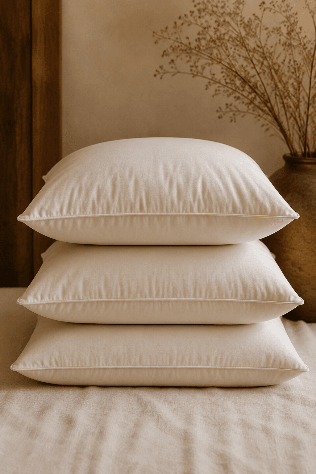 Three stacked hotel pillows in soft, medium and firm profiles.