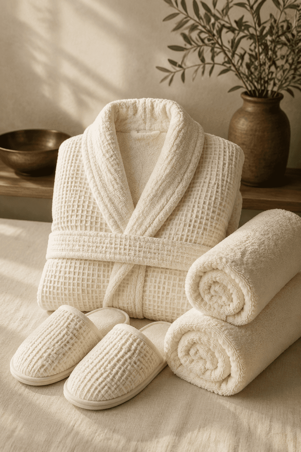 Folded plush bath robe with slippers and towels.
