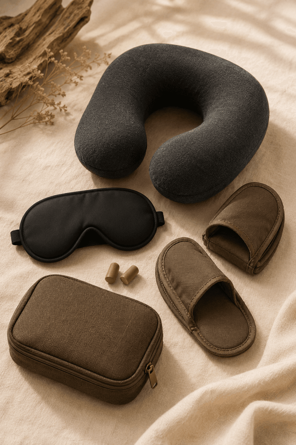 Travel sleep kit with neck pillow, eye mask and zip bag.