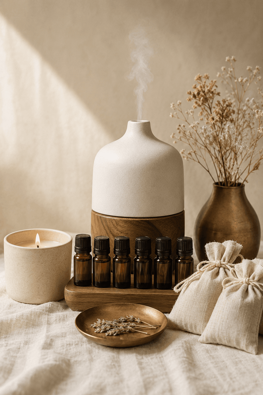 Aromatherapy diffuser with essential oil bottles and a candle.