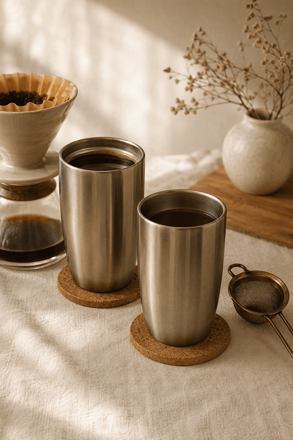 Two insulated tumblers with a pour-over filter and coasters.